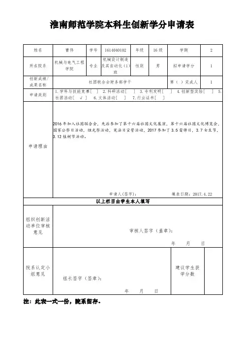 淮南师范学院本科生创新学分申请表