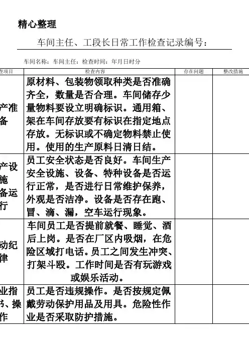 车间主任、工段长日常工作检查表格模板