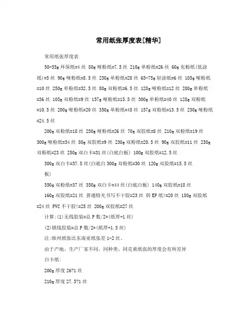 常用纸张厚度表[精华]
