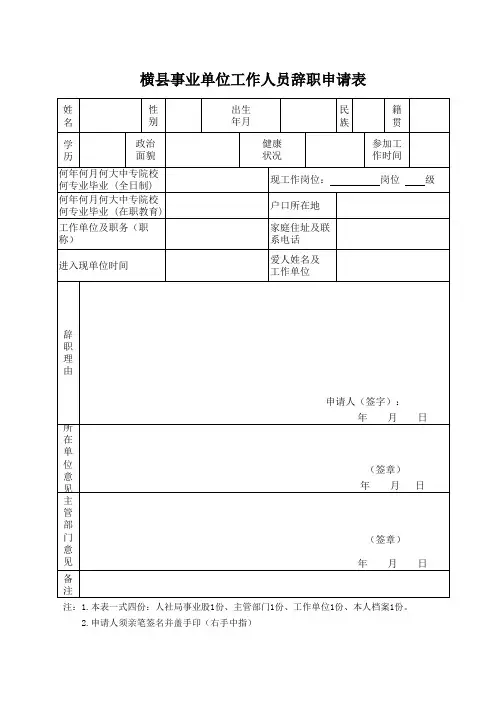 事业单位工作人员辞职申请表