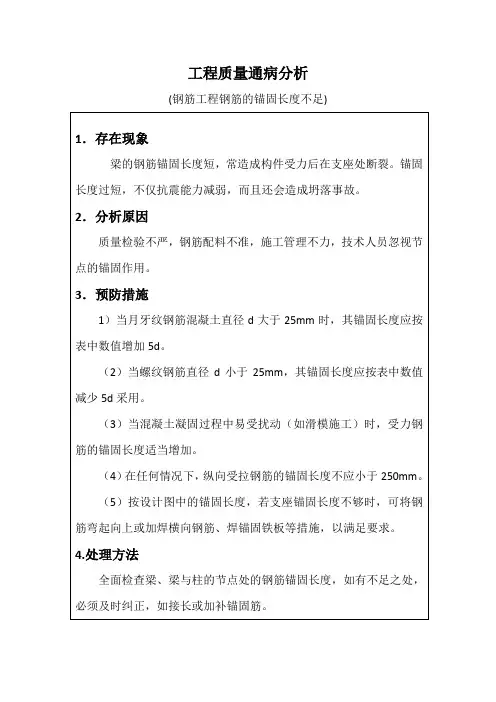 工程质量通病分析(钢筋工程钢筋的锚固长度不足)