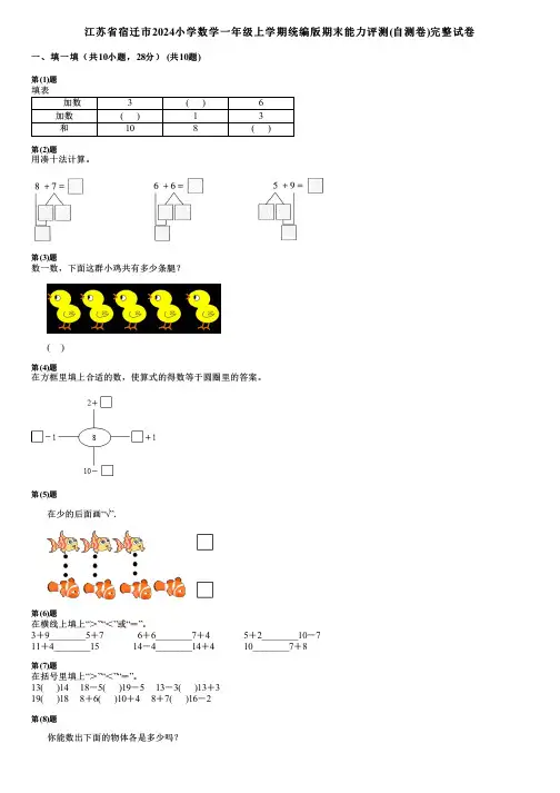 江苏省宿迁市2024小学数学一年级上学期统编版期末能力评测(自测卷)完整试卷