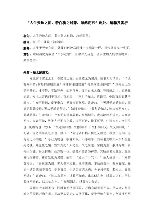 “人生天地之间,若白驹之过隙,忽然而已”出处、解释及赏析