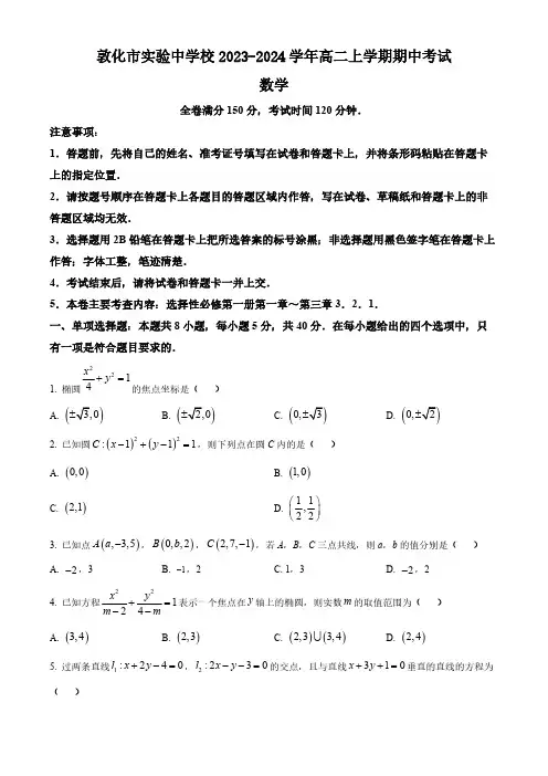 吉林省延边朝鲜族自治州敦化市实验中学校2023-2024学年高二上学期期中考试数学试卷(含简单答案)