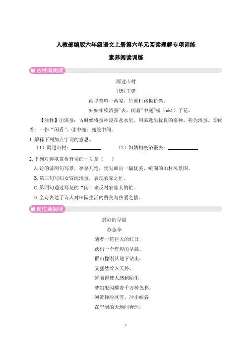 人教部编版六年级语文上册第六单元阅读理解专项训练含答案