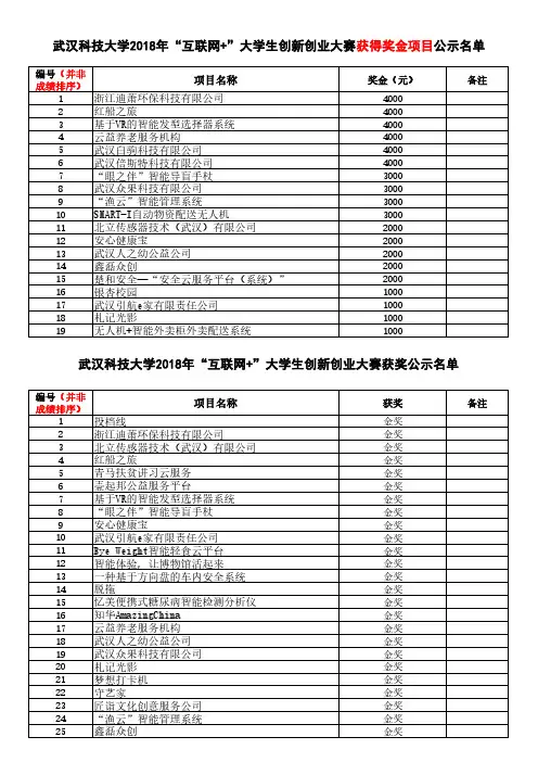 武汉科技大学2018年互联网+大学生创新创业大赛获奖公