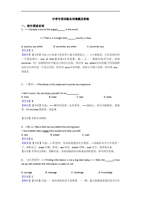 中考专项训练名词难题及答案