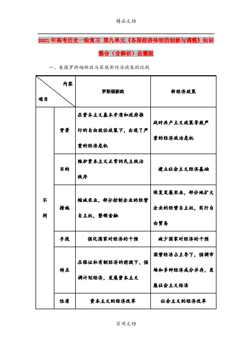 2021年高考历史一轮复习 第九单元《各国经济体制的创新与调整》知识整合(含解析)岳麓版