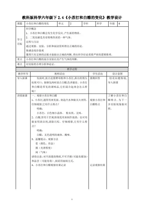 教科版六年级科学下册 《小苏打和白醋的变化》教案