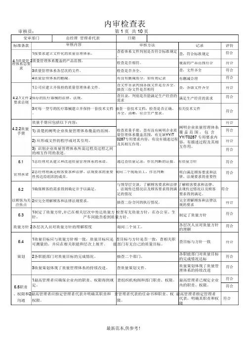 ISO13485内审检查表(完整各部门)