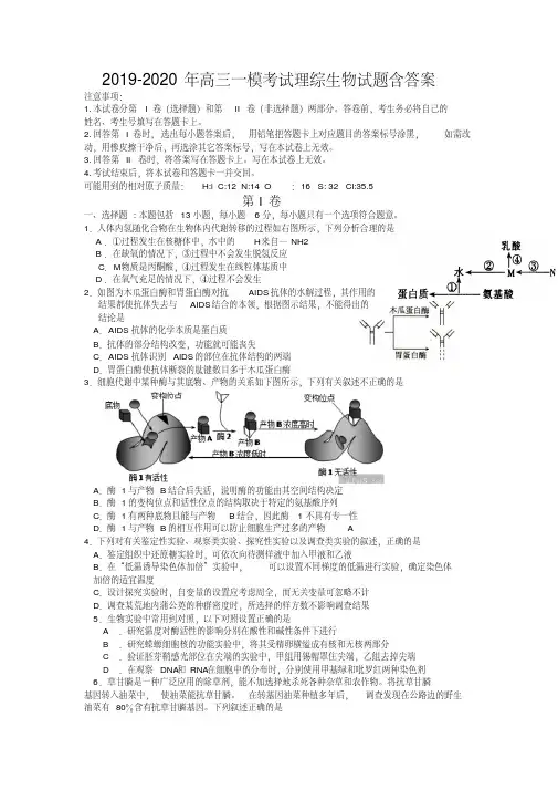 2019-2020年高三一模考试理综生物试题含答案