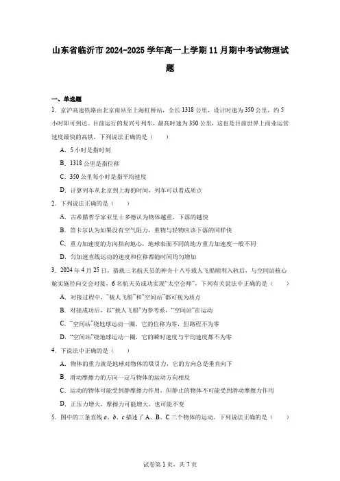 山东省临沂市2024-2025学年高一上学期11月期中考试物理试题