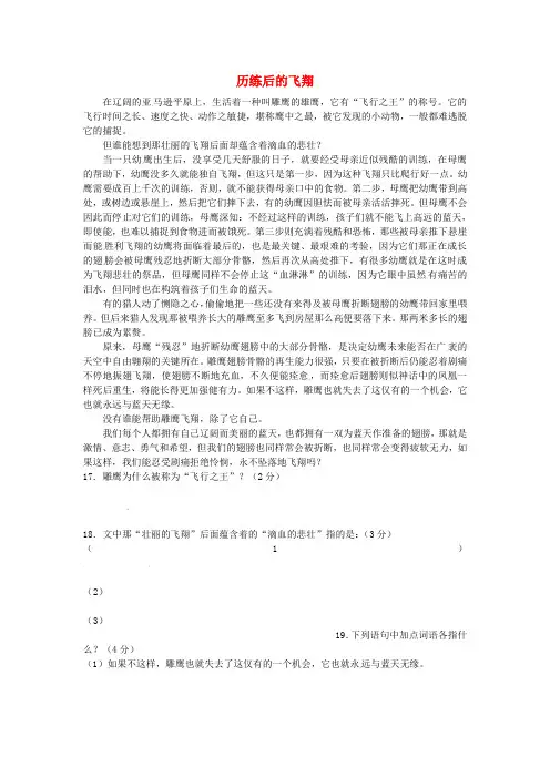 江苏省新沂市钟吾中学九年级语文 历练后的飞翔阅读理解专练(附答案)