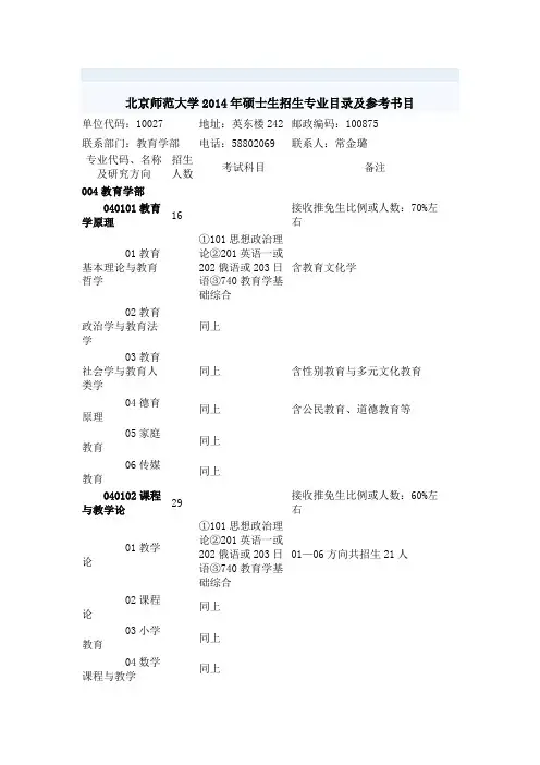 北京师范大学2014年硕士生招生专业目录及参考书目