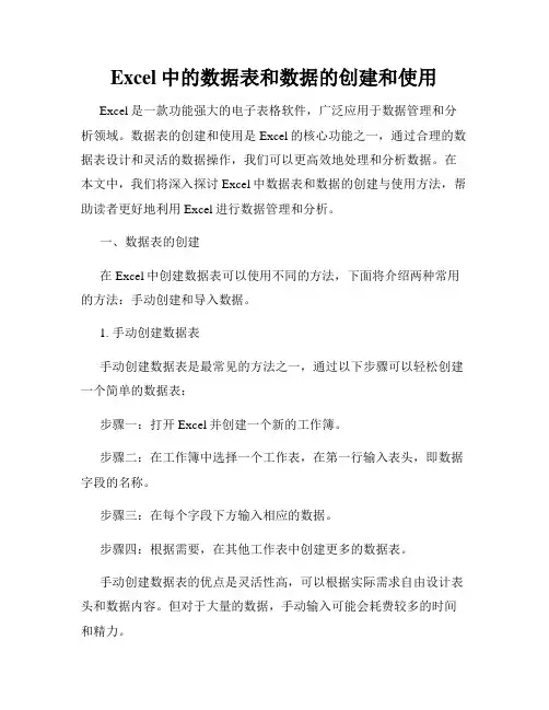 Excel中的数据表和数据的创建和使用