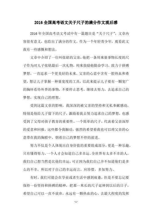 2016全国高考语文关于尺子的满分作文观后感