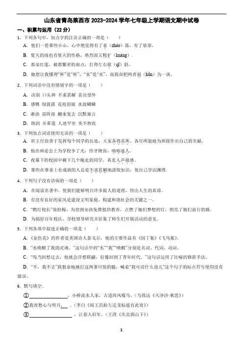 山东省青岛市2023-2024学年七年级上学期语文期中考试试卷(含答案)