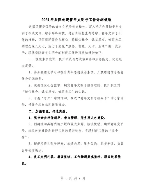 2024年医院创建青年文明号工作计划模版（3篇）