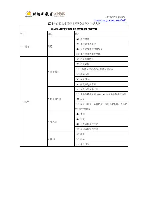 2014年口腔执业医师《医学免疫学》考试大纲
