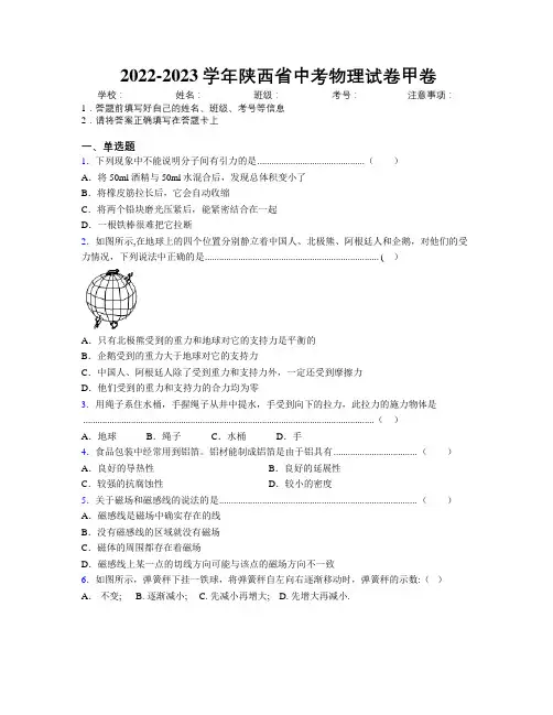 2022-2023学年陕西省中考物理试卷甲卷附解析