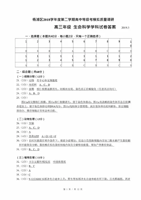 2019届奉贤区高考生物二模