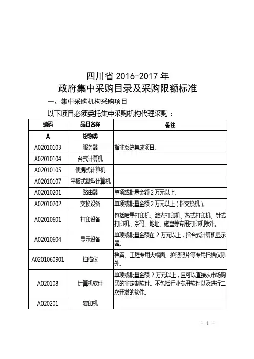 四川省2016-2017年政府集中采购目录及采购限额标准