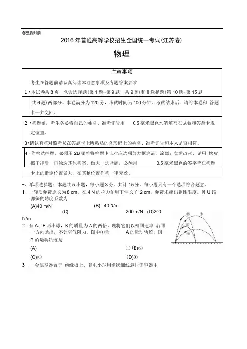 2016年江苏物理高考试题及答案