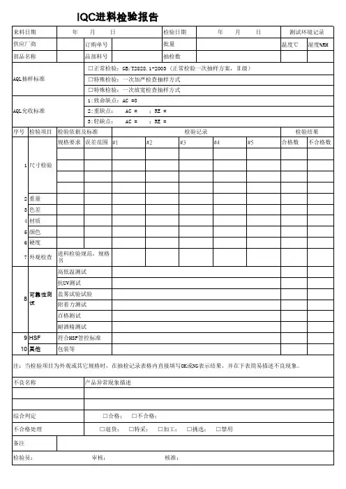 IQC进料检验报告