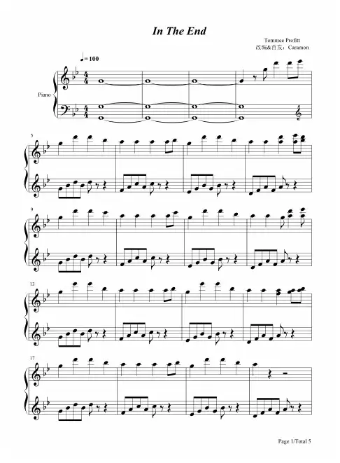 钢琴谱 In The End-抖音完整版 五线谱_共5张(全)