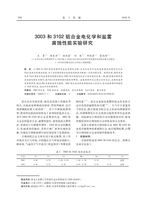 3003和3102铝合金电化学和盐雾腐蚀性能实验研究