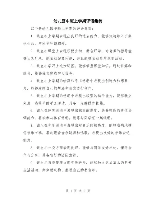 幼儿园中班上学期评语集锦