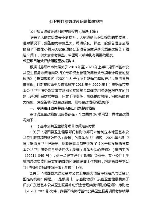 公卫项目绩效评诊问题整改报告（精选5篇）