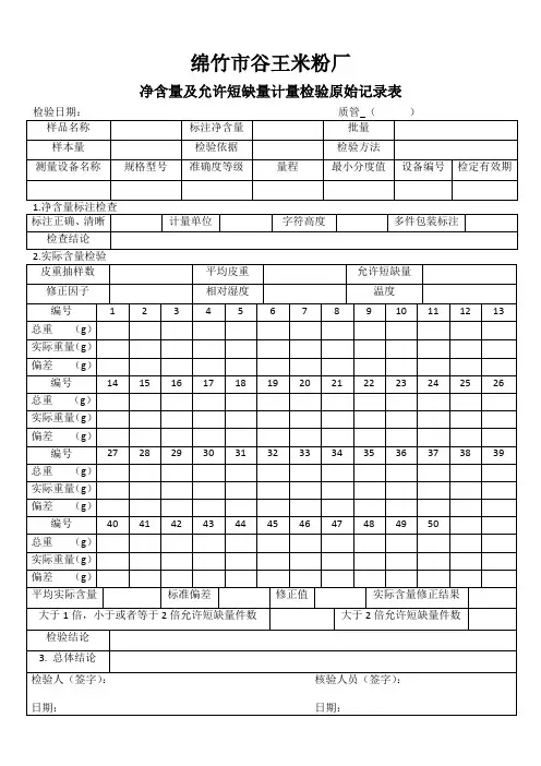 净含量及允许短缺量检验原始记录