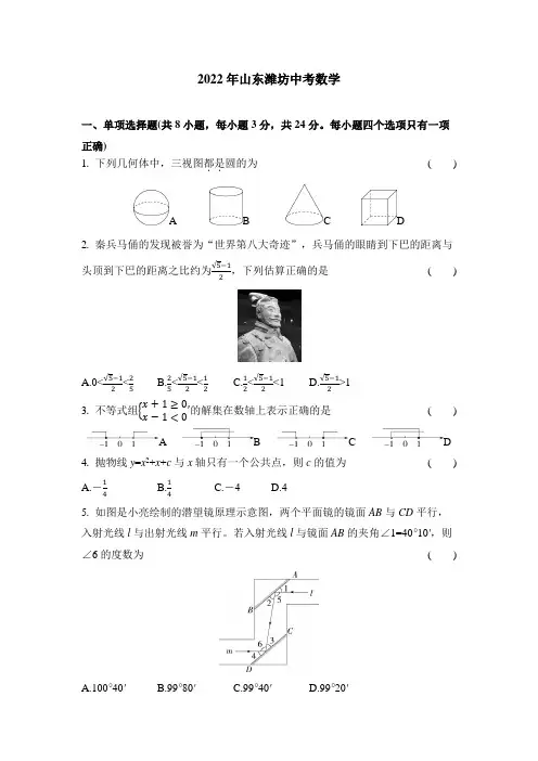 2022山东潍坊中考数学试卷+答案解析