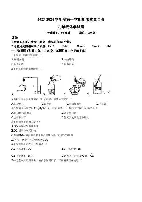 广东省东莞市2023-2024学年九年级上学期1月期末化学试题(含答案)
