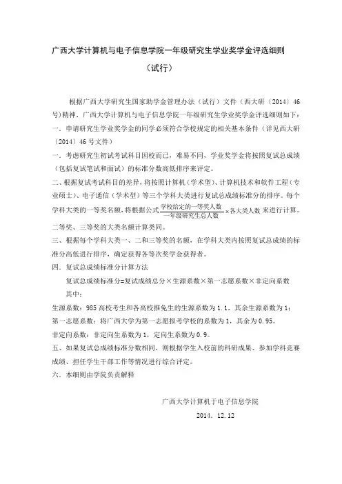新广西大学计算机与电子信息学院一年级研究生学业奖学金评选细则