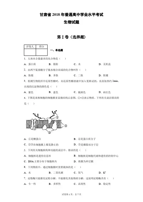 甘肃省2018年普通高中学业水平考试生物试题(带答案解析)
