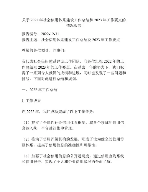 关于2022年社会信用体系建设工作总结和2023年工作要点的情况报告