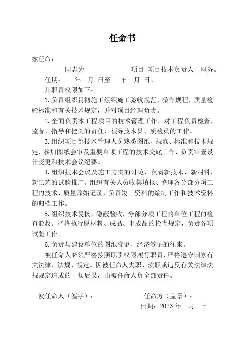 项目技术负责人任命书