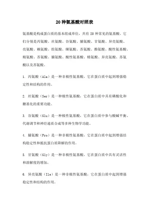 20种氨基酸对照表