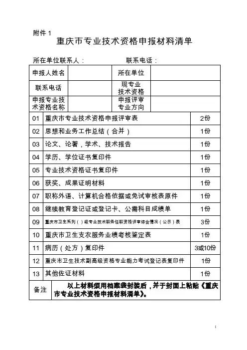 重庆专业技术资格申报材料清单