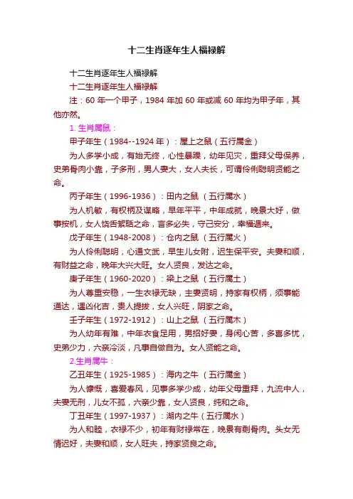 十二生肖逐年生人福禄解