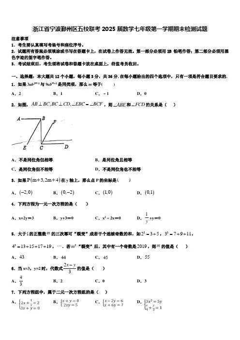 浙江省宁波鄞州区五校联考2025届数学七年级第一学期期末检测试题含解析