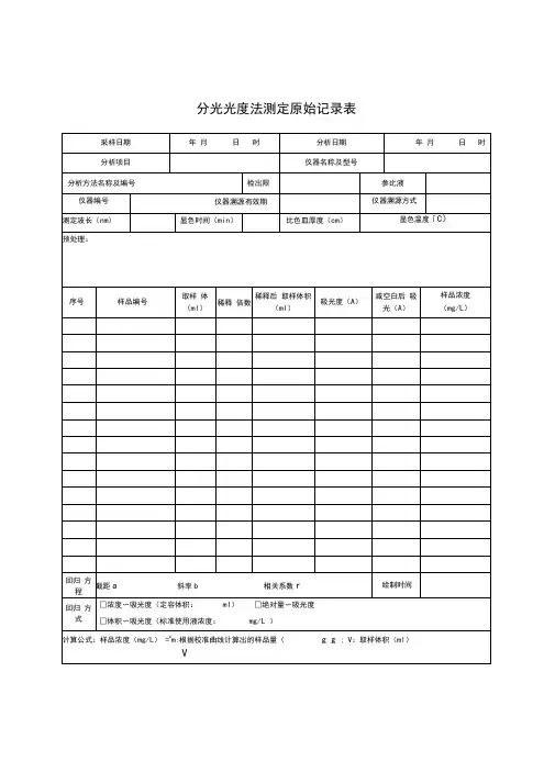 分光光度法测定原始记录表
