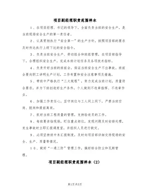 项目副经理职责范围样本（3篇）