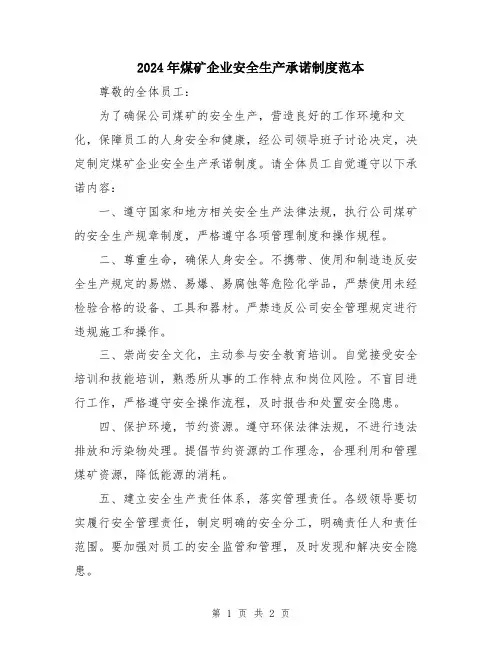 2024年煤矿企业安全生产承诺制度范本