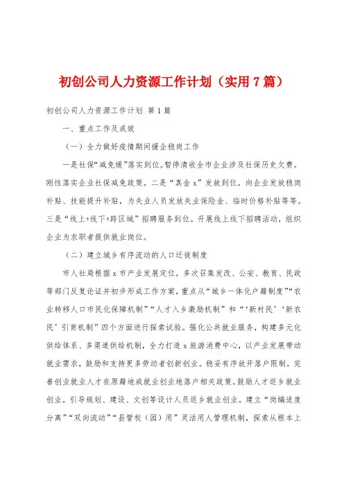初创公司人力资源工作计划(实用7篇)