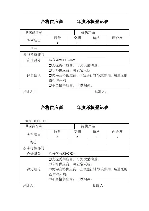 合格供应商年度考核登记表