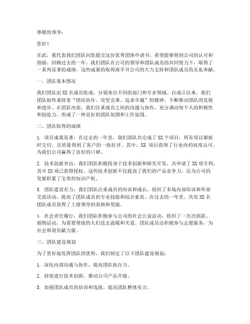 公司优秀团体申请书范本