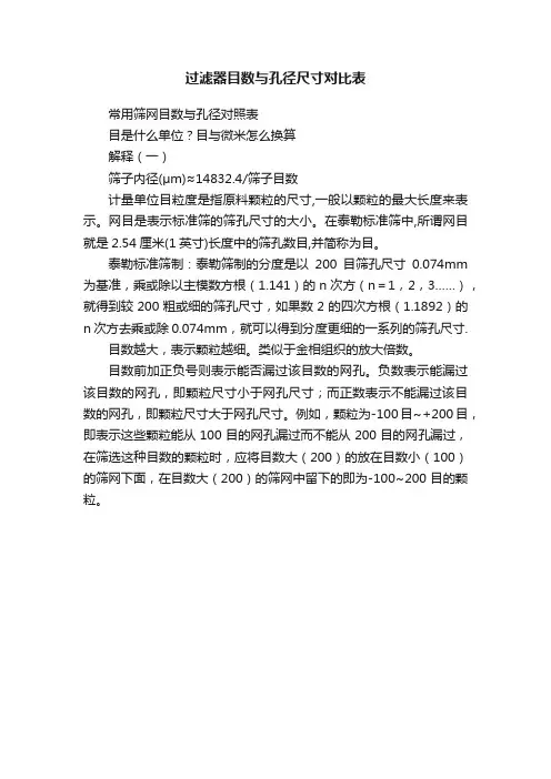 过滤器目数与孔径尺寸对比表